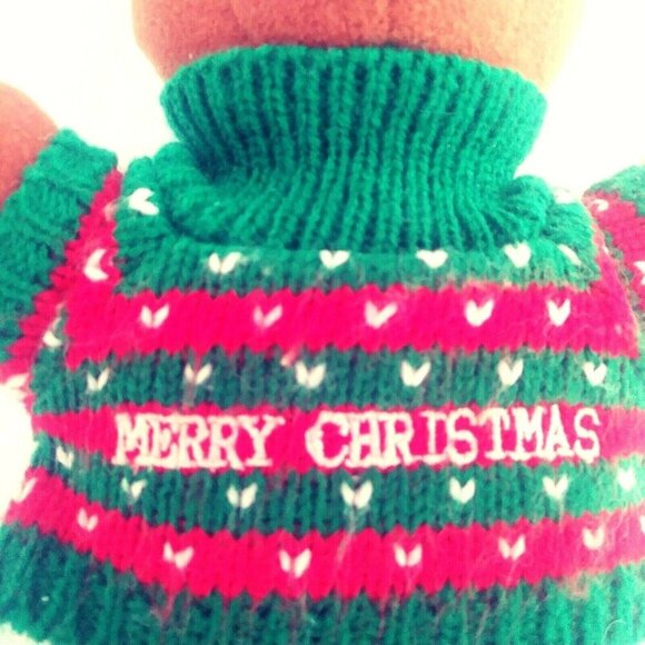 VINTAGE Soft Dreams Merry Christmas Bear 9" Baby Rattle Brown Sweater Red Green - Picture 6 of 8